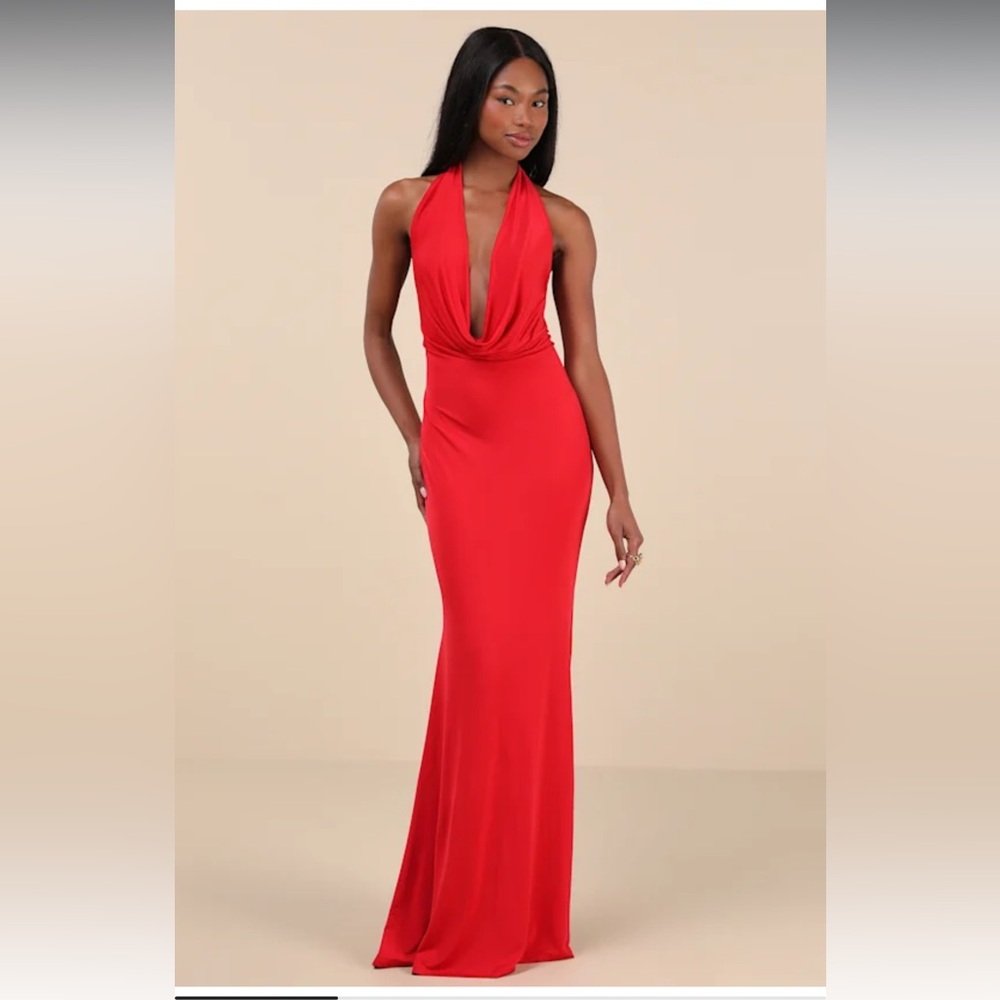 NWT-Eye-Catching Silhouette Red Cowl Neck Halter Dress